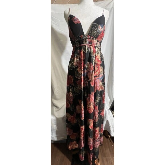 Free People Dress Woman's S Shadows Maxi Black Gold Floral Print Cocktail Zip - Picture 1 of 12